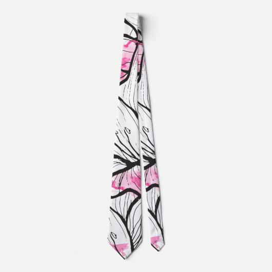 Moderne abstracte zwarte witte bloemenroze waterve stropdas (Voorkant)