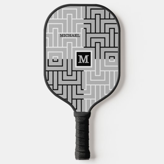 Moderne Abstracte zwarte witte monogram naam Pickleball Paddle (Voorkant)