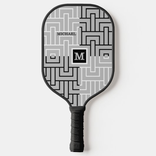 Moderne Abstracte zwarte witte monogram naam Pickleball Paddle (Achterkant)
