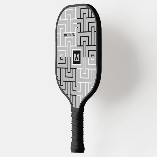 Moderne Abstracte zwarte witte monogram naam Pickleball Paddle (Links)