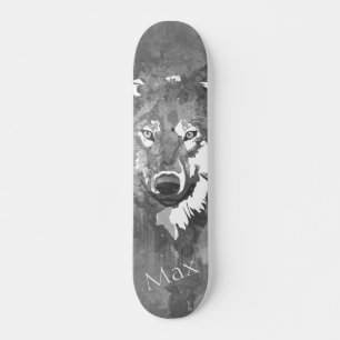 Moderne abstracte zwarte witte waterverf wolf persoonlijk skateboard