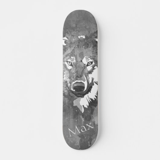 Moderne abstracte zwarte witte waterverf wolf persoonlijk skateboard (Voorkant)