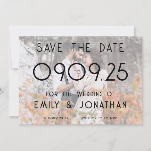 Moderne achtergrond aangepaste foto bruiloft save the date (Voorkant)