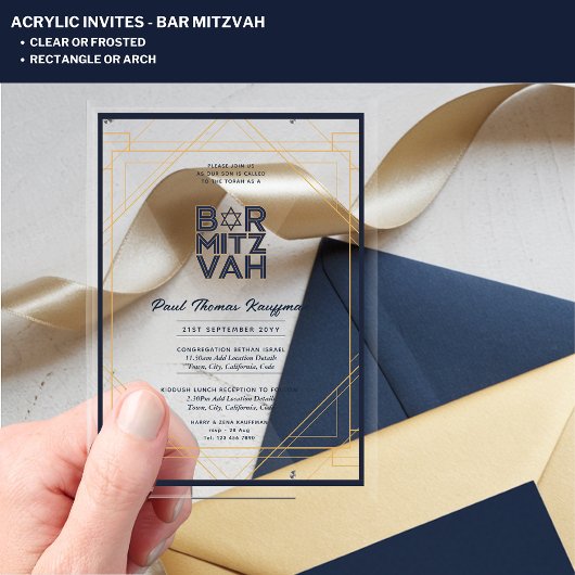 Moderne Acryle BAR MITZVAH Marineblauw Goud Modern Acryl Uitnodigingen