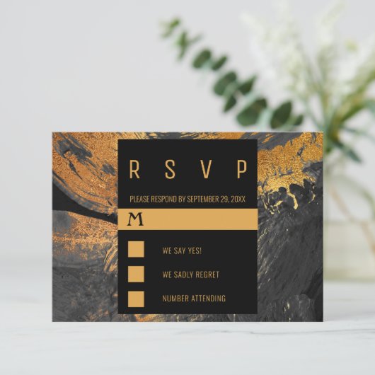 Moderne acrylverfgrijs en goudbruiloft RSVP kaartje (Staand voorkant)