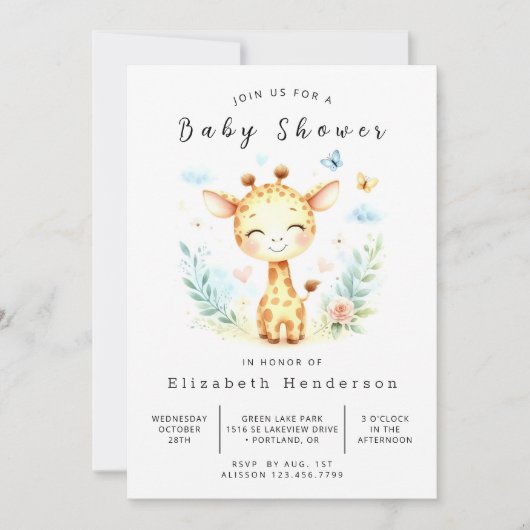 Moderne afdrukbare Giraffe Baby shower Kaart (Voorkant)