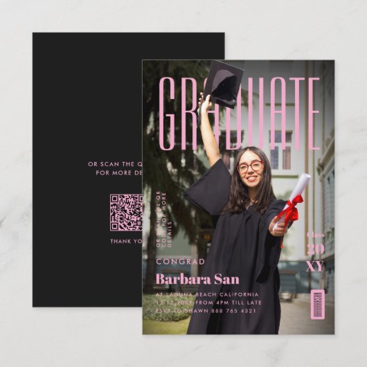 Moderne Afgestudeerde Pink Pop Grad Afstuderen Kaart (Voorkant / Achterkant)