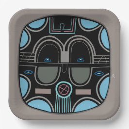 Moderne Afrikaanse stammenmasker, grijs blauw en z Papieren Bordje