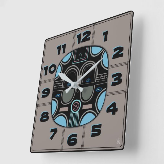 Moderne Afrikaanse stammenmasker in grijs blauw zw Vierkante Klok (Hoek)