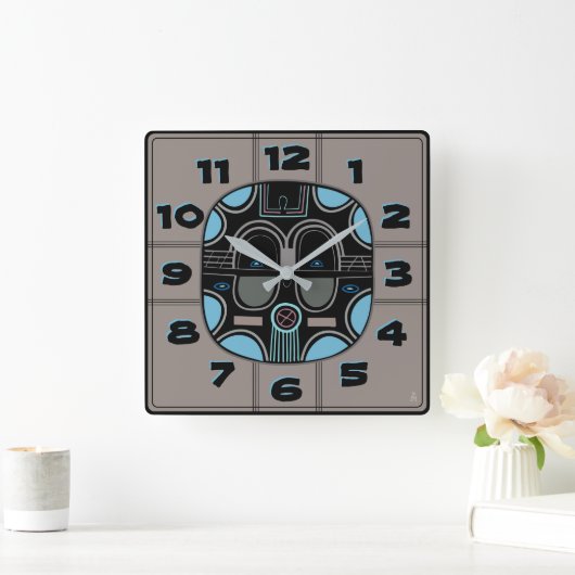 Moderne Afrikaanse stammenmasker in grijs blauw zw Vierkante Klok (Huis)