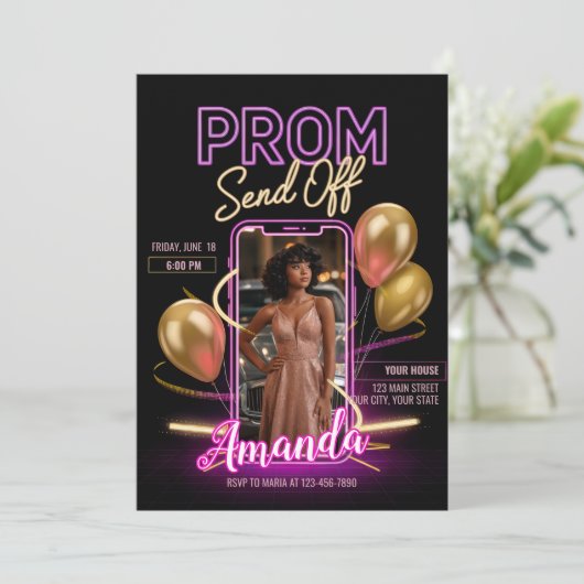 Moderne Afscheidsparty Naar Het Bal Neon Zwart Roz Kaart (Staand voorkant)