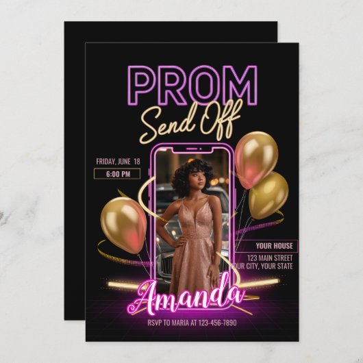 Moderne Afscheidsparty Naar Het Bal Neon Zwart Roz Kaart (Voorkant / Achterkant)