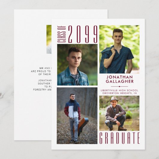 Moderne Afstudeer Burgundy Donkerrood 5 Foto Aankondiging (Voorkant / Achterkant)