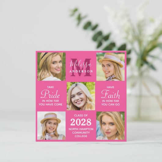 Moderne Afstudeerder 5 Foto Collage Pink Afstudere Kaart (Staand voorkant)