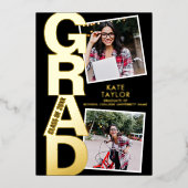Moderne Afstudeerder Party 3 Foto zwart en goud Folie Uitnodiging (Voorkant)