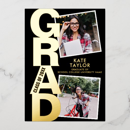 Moderne Afstudeerder Party 3 Foto zwart en goud Folie Uitnodiging (Voorkant)
