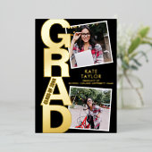 Moderne Afstudeerder Party 3 Foto zwart en goud Folie Uitnodiging (Staand Voorkant)