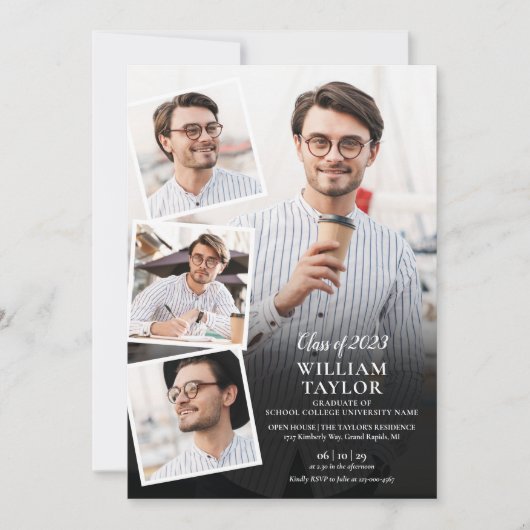 Moderne afstudeerfeest 5 foto collage uitnodiging (Voorkant)
