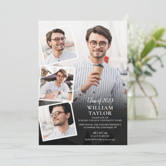 Moderne afstudeerfeest 5 foto collage uitnodiging (Staand voorkant)