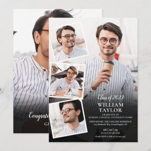 Moderne afstudeerfeest 5 foto collage uitnodiging (Voorkant / Achterkant)