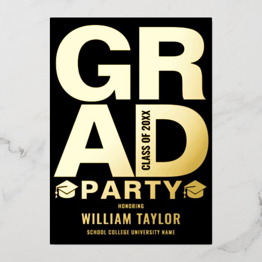 Moderne Afstudeerfeest Foto Zwart En Goud Folie Uitnodiging (Voorkant)