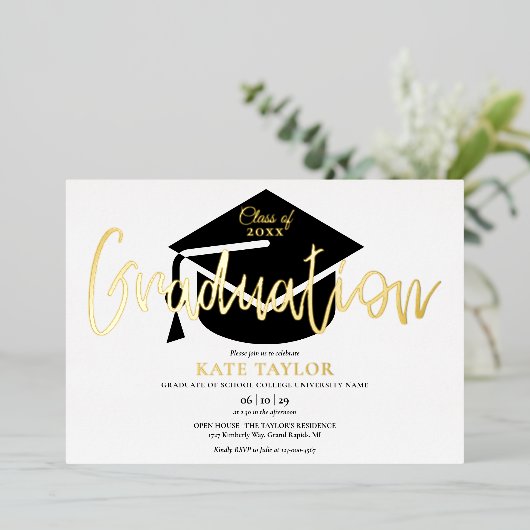 Moderne afstudeerfeest goud folie uitnodiging (Staand Voorkant)
