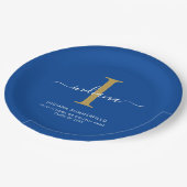 Moderne Afstudeerfeest Monogram Blauwe Minimalisti Papieren Bordje (Gekanteld)