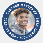 Moderne afstudeerfoto donkerblauw van student ronde sticker (Voorkant)