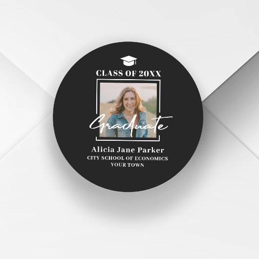 Moderne afstudeerfoto klas van 2025 zwart ronde sticker
