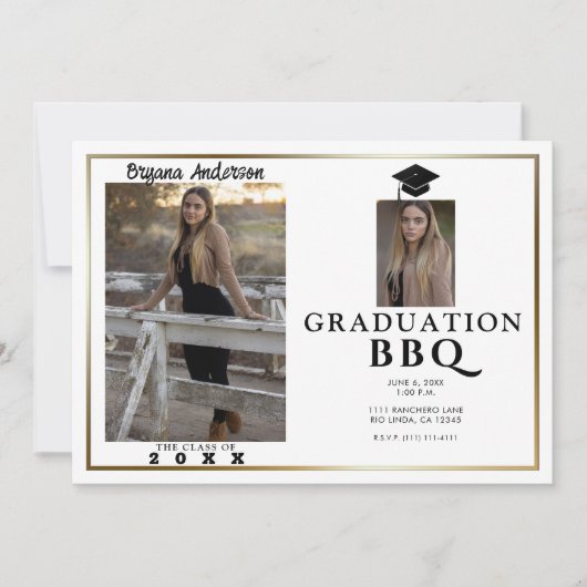 Moderne afstudeerfoto met gouden rand BBQ-feest  Kaart (Voorkant)