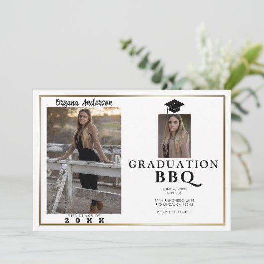Moderne afstudeerfoto met gouden rand BBQ-feest Kaart (Staand voorkant)