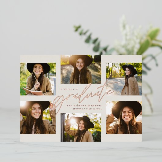 Moderne afstudeerfoto roze gouden fotocollage afst folie uitnodiging (Staand Voorkant)