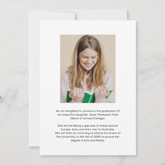 Moderne afstudeerlint foto afstuderen aankondiging (Achterkant)