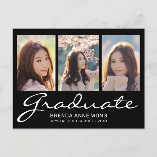 Moderne Afstuderen 3 Photo Collage White Script Aankondigingskaart (Voorkant)