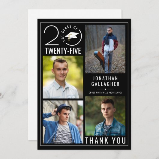 Moderne Afstuderen Black White 5 Photo Collage Bedankkaart (Voorkant / Achterkant)