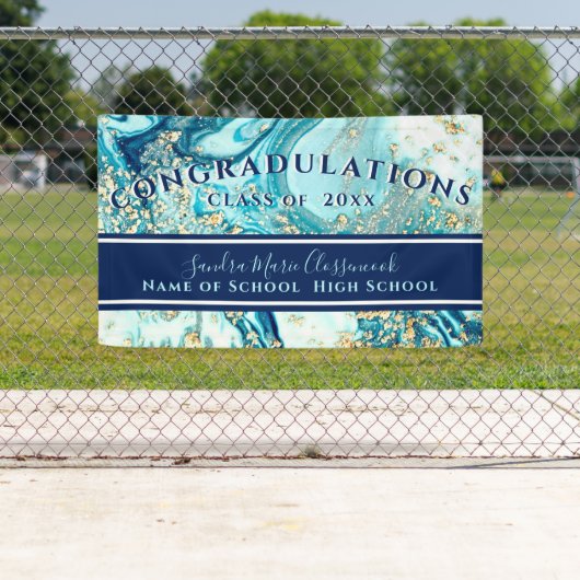 Moderne Afstuderen Blue Marble Swirl Gold Glitter Spandoek (Insitu)