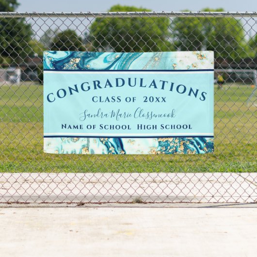 Moderne Afstuderen Blue Marble Swirl Gold Glitter  Spandoek (Insitu)