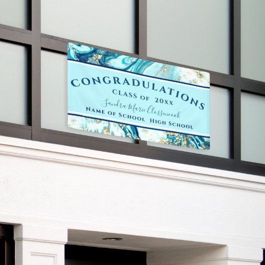 Moderne Afstuderen Blue Marble Swirl Gold Glitter  Spandoek (Buitenkant Gebouw)