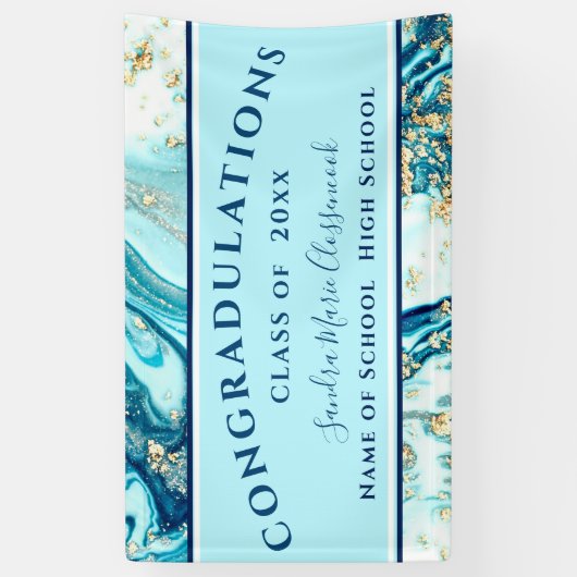 Moderne Afstuderen Blue Marble Swirl Gold Glitter  Spandoek (Verticaal)