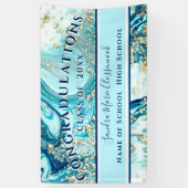 Moderne Afstuderen Blue Marble Swirl Gold Glitter Spandoek (Verticaal)