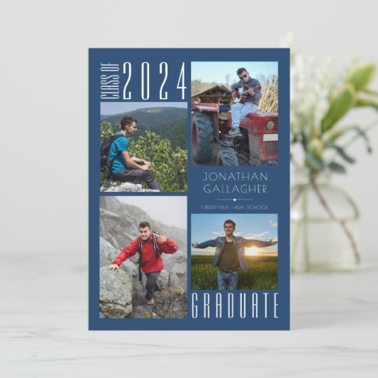Moderne Afstuderen Blue Vier Foto Aankondiging (Staand voorkant)