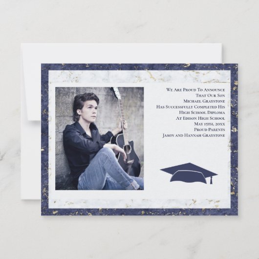 Moderne Afstuderen Elegant Marble Blue White Foto Aankondiging (Achterkant)