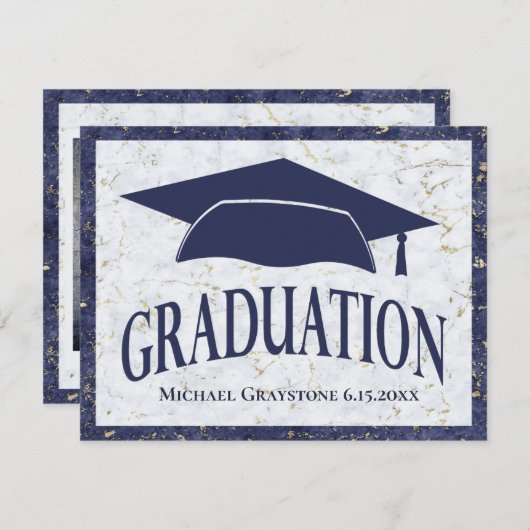 Moderne Afstuderen Elegant Marble Blue White Foto Aankondiging (Voorkant / Achterkant)