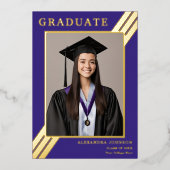 Moderne Afstuderen foto blauw en goud Folie Uitnodiging (Voorkant)