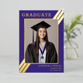 Moderne Afstuderen foto blauw en goud Folie Uitnodiging (Staand Voorkant)