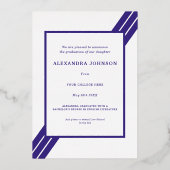 Moderne Afstuderen foto blauw en goud Folie Uitnodiging (Achterkant)