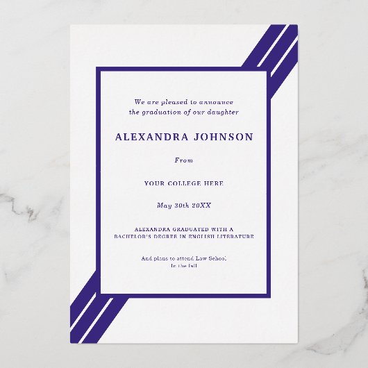 Moderne Afstuderen foto blauw en goud Folie Uitnodiging (Achterkant)