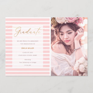 Moderne Afstuderen foto Blush roze stripes Aankondiging
