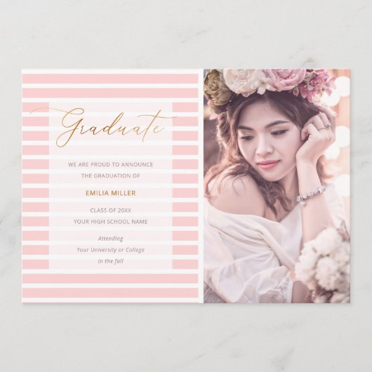 Moderne Afstuderen foto Blush roze stripes Aankondiging (Voorkant)