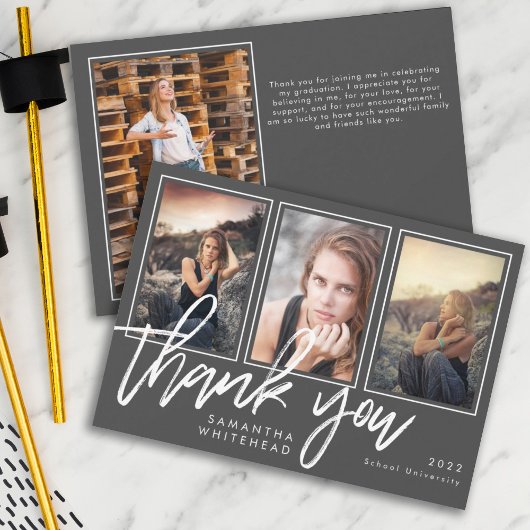 Moderne Afstuderen Foto collage Dark Gray Bedankkaart